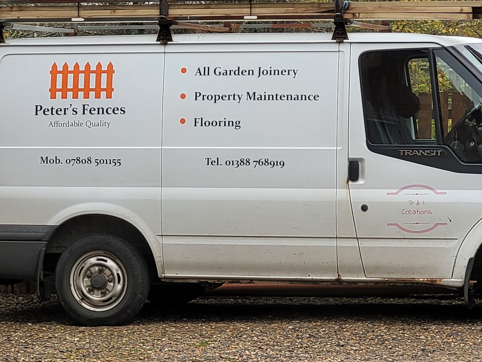 The Peter's Fences van with the logo, services and phone numbers on the side