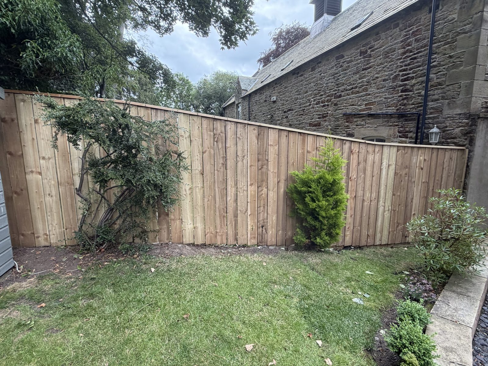 A new close-board fence with a climbing plant in front of a stone cottage